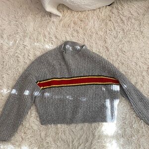 Gray Ribbed Sweater with Red and Yellow Stripe